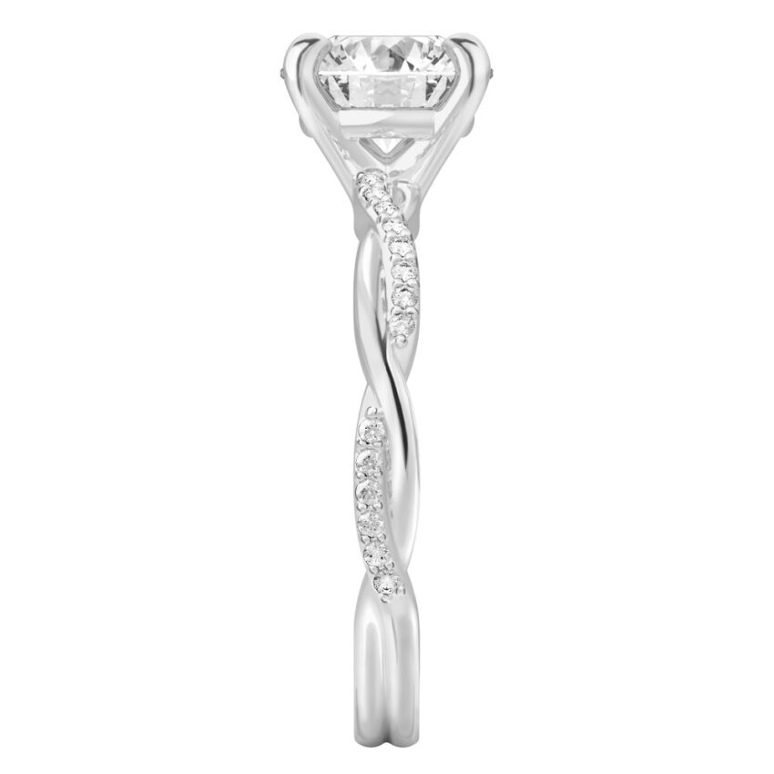 round cut diamond twist engagement ring platinum side