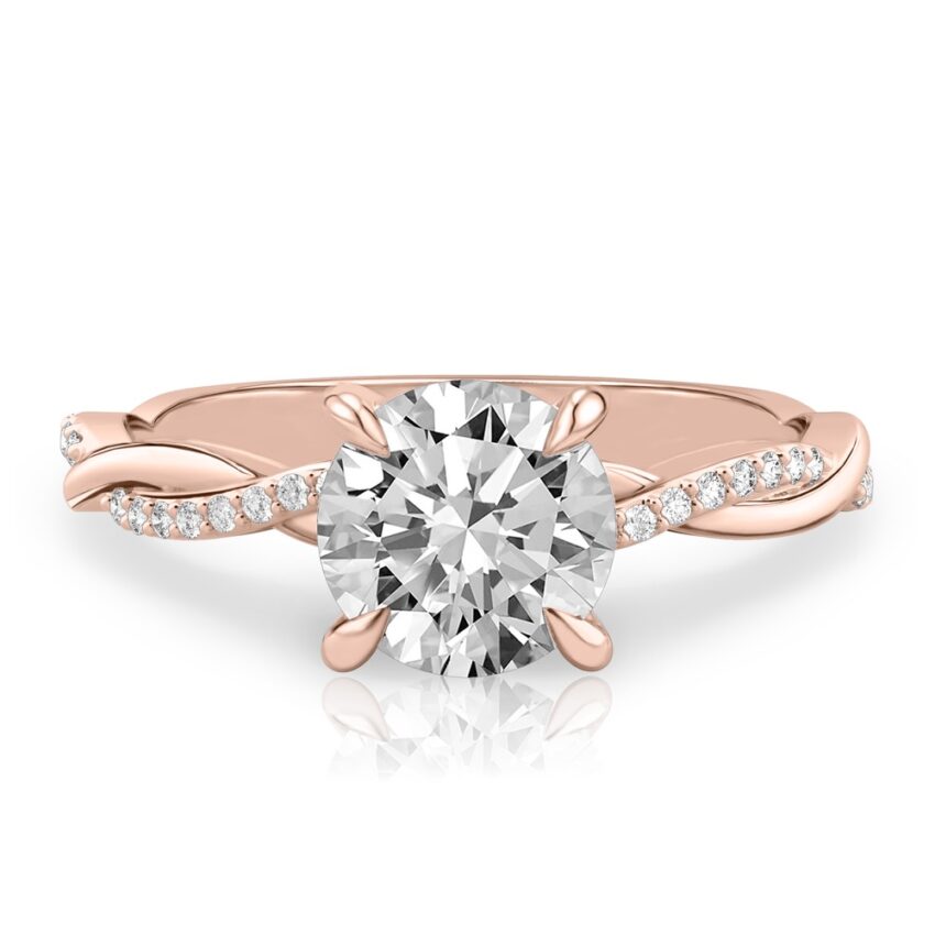 round cut diamond twist engagement ring rose gold