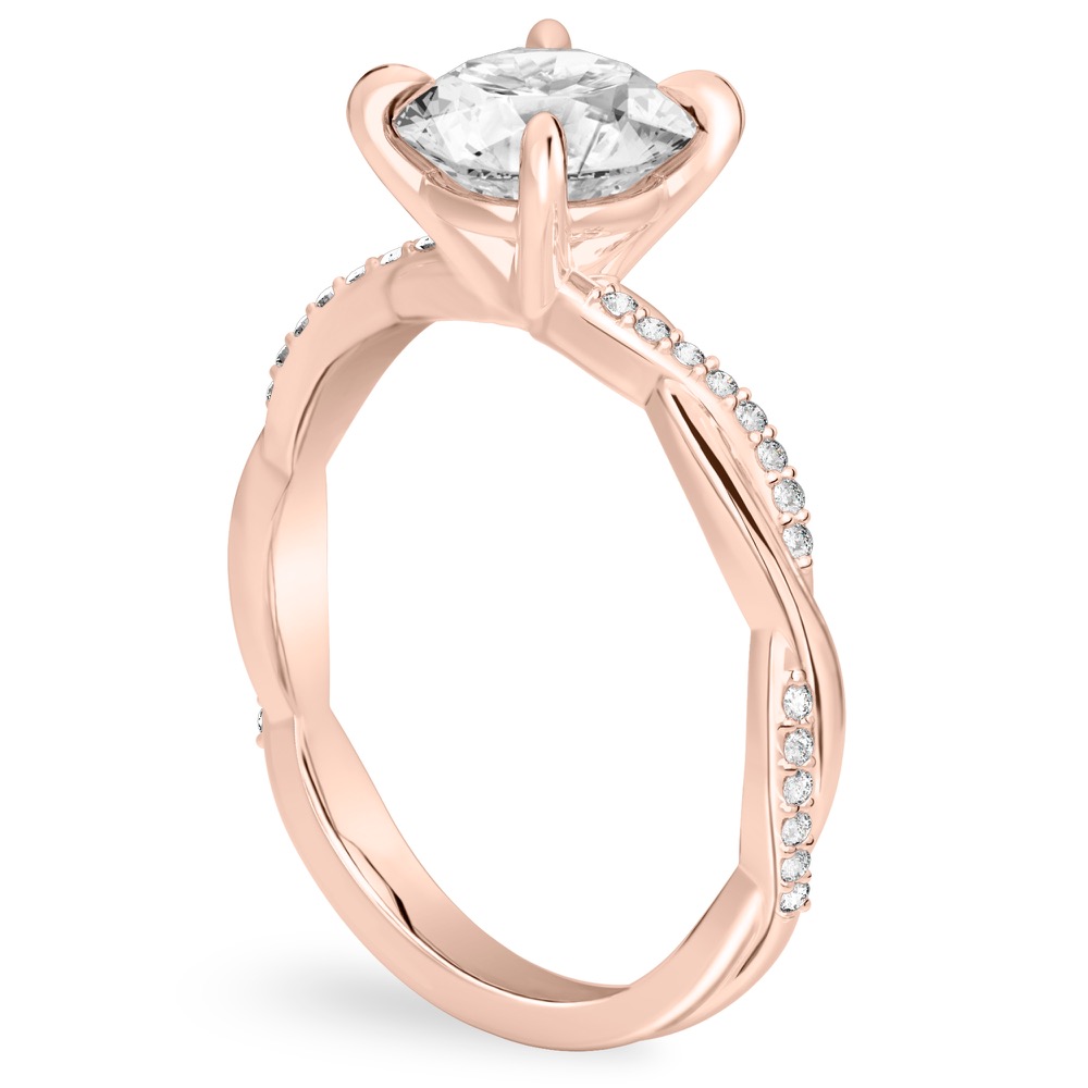 round cut diamond twist engagement ring rose gold angle