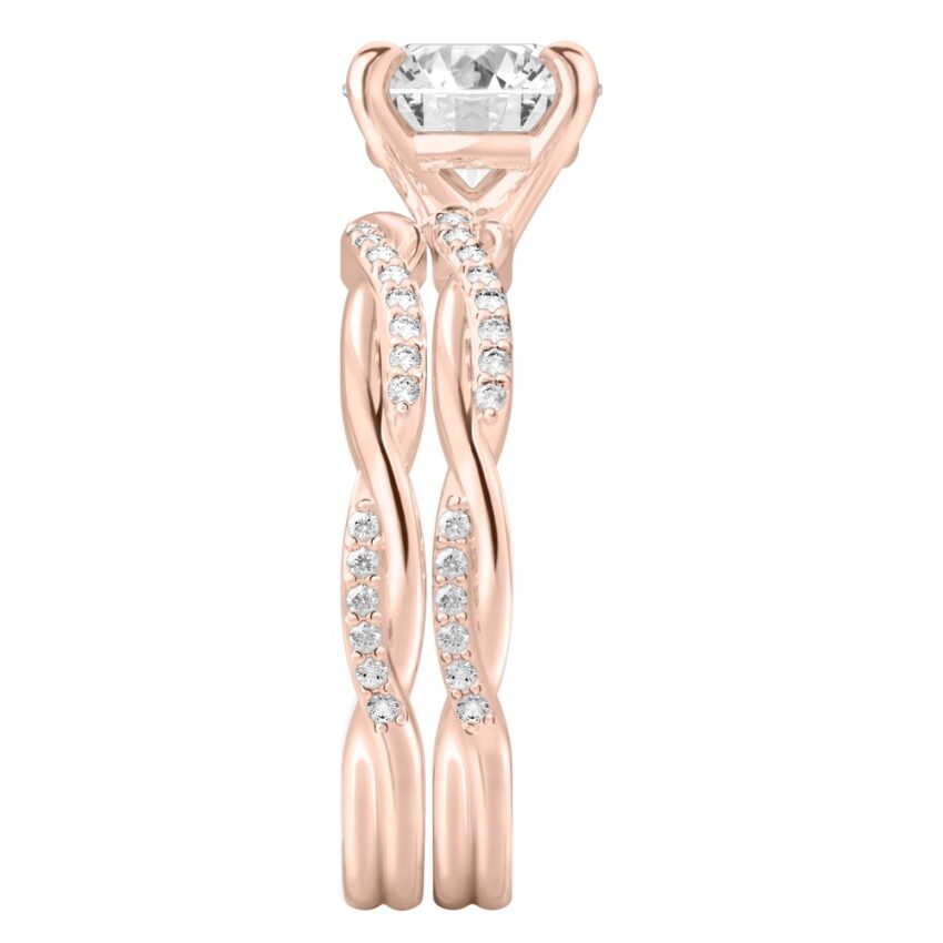 round cut diamond twist engagement ring set rose gold side