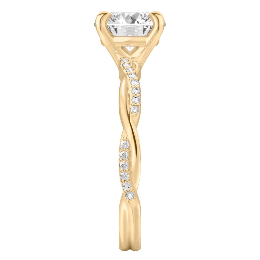 round cut diamond twist engagement ring yellow gold side