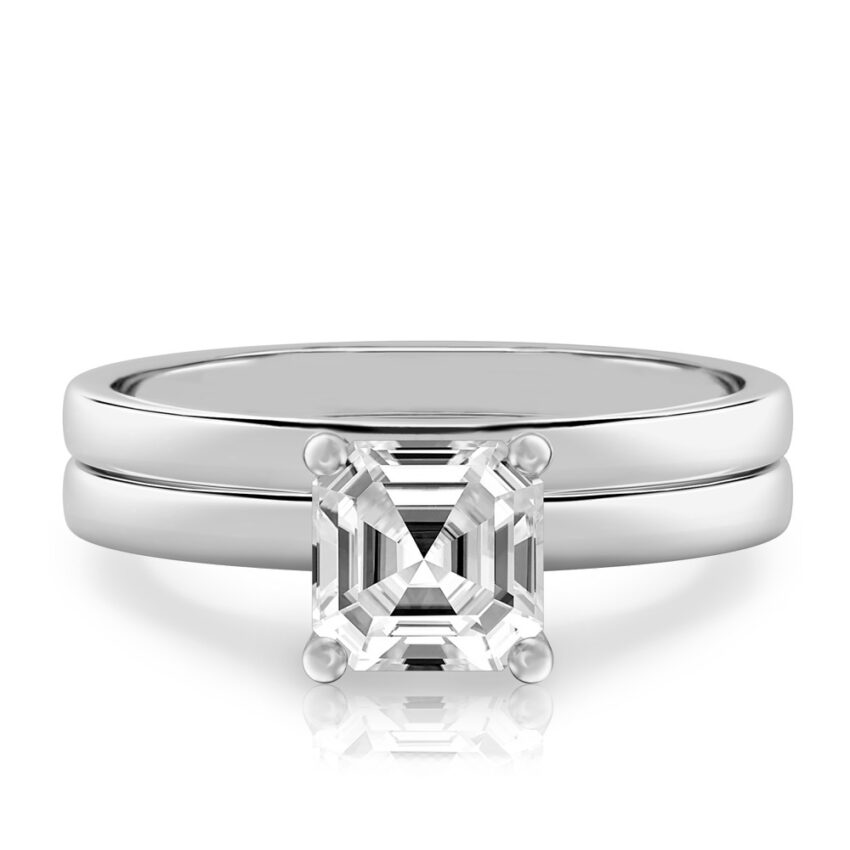 asscher cut diamond basket setting engagement ring set platinum