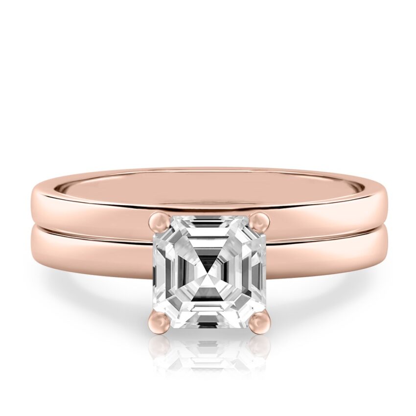 asscher cut diamond basket setting engagement ring set rose gold