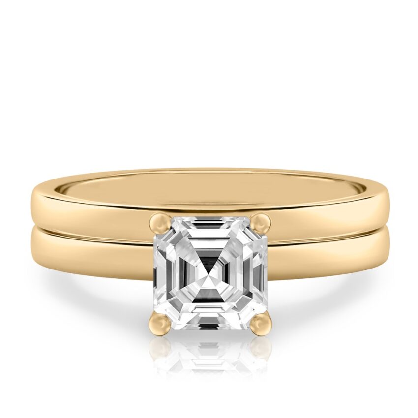 asscher cut diamond basket setting engagement ring set yellow gold