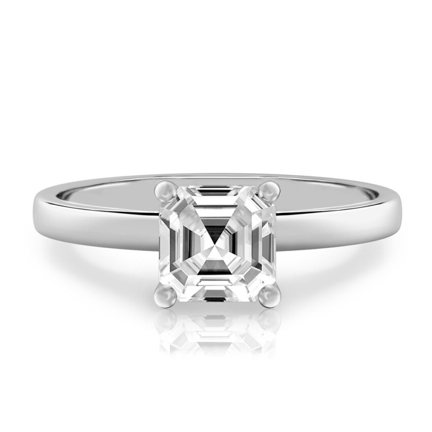 asscher cut diamond basket setting engagement ring white gold