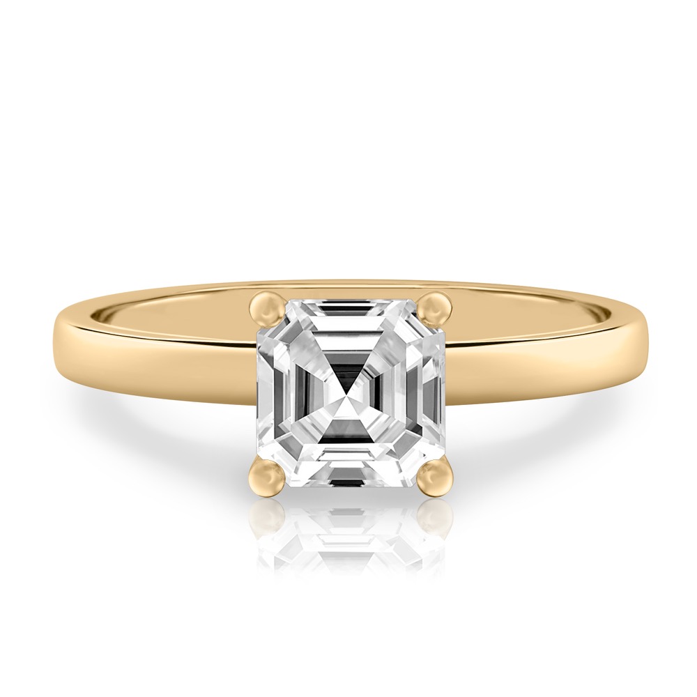 asscher cut diamond basket setting engagement ring yellow gold