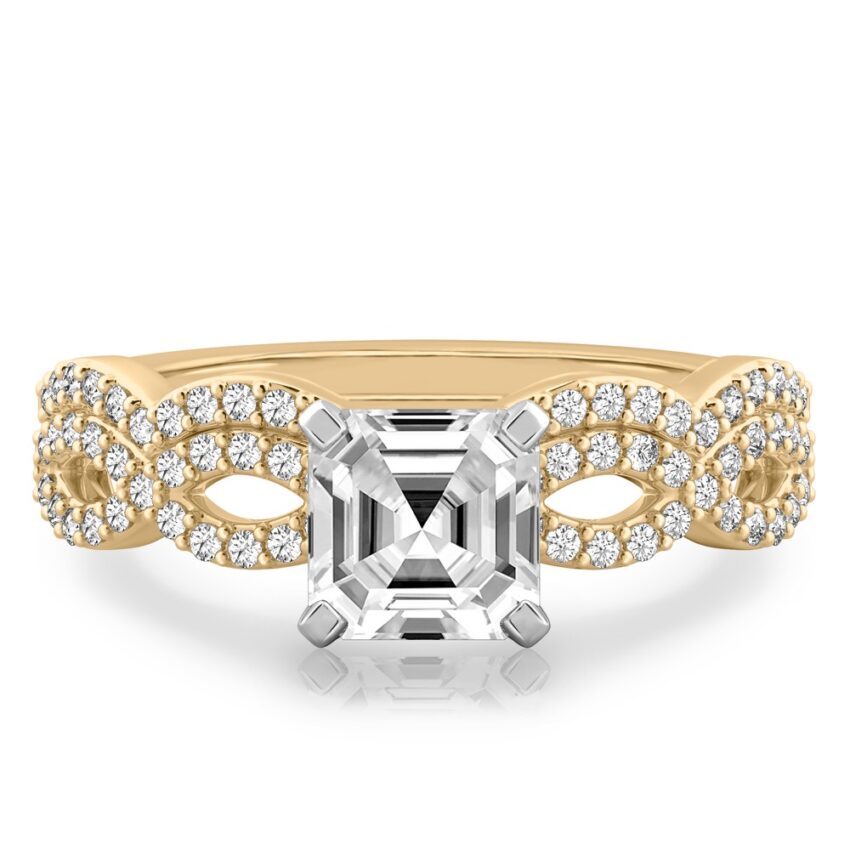 asscher cut diamond infinity engagement ring set yellow gold