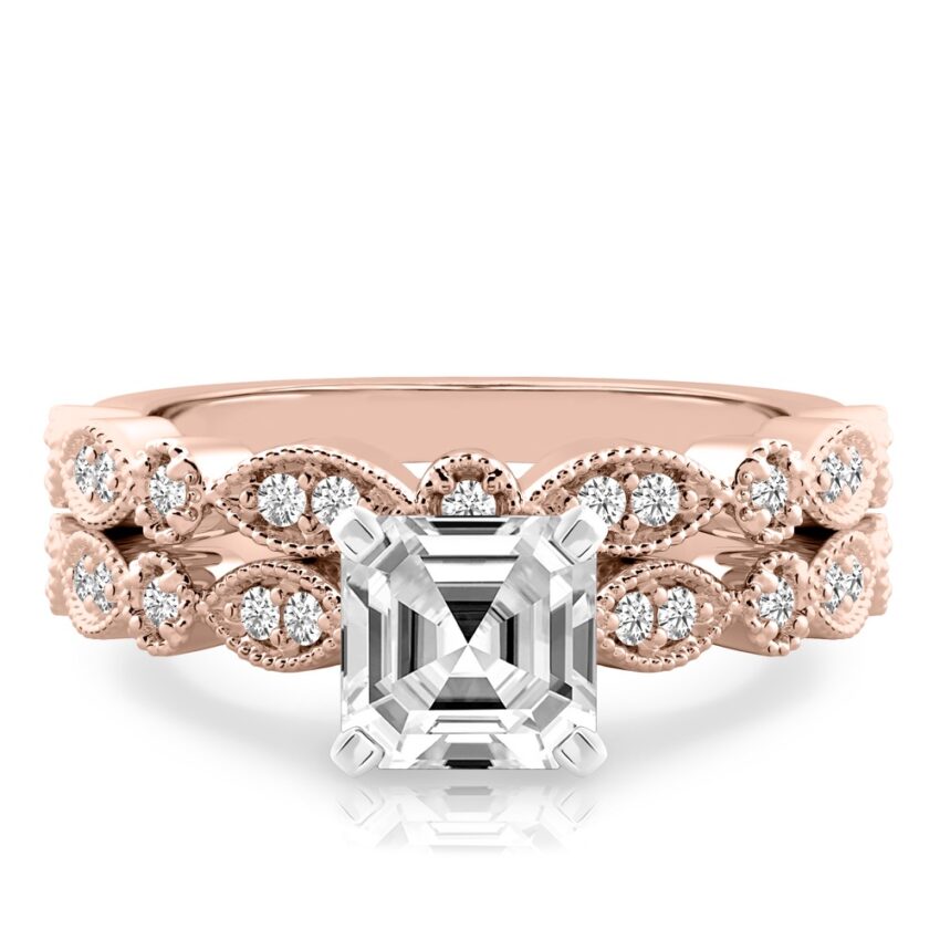 asscher cut diamond pandora engagement ring set rose gold