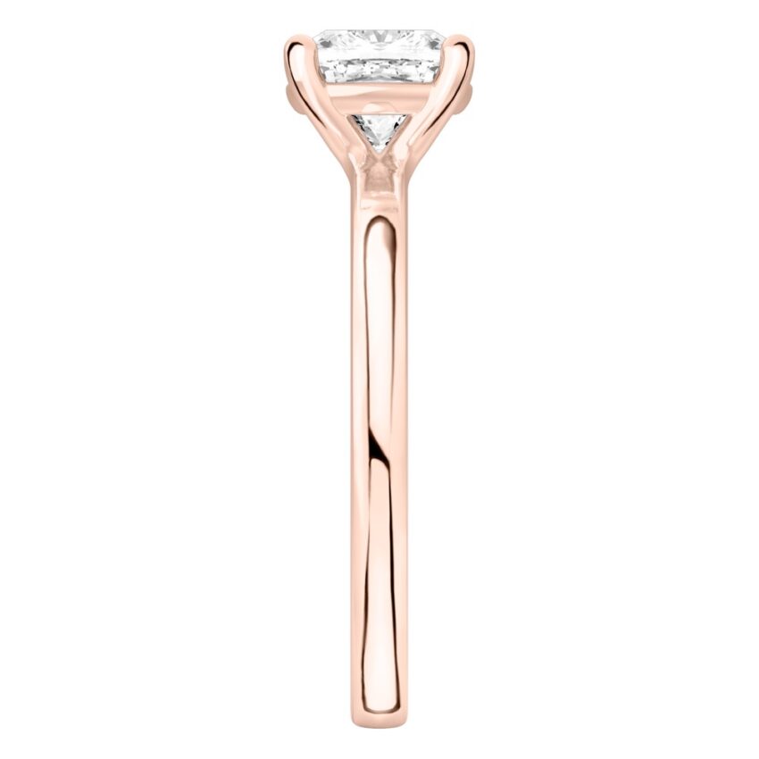 cushion cut diamond basket setting engagement ring rose gold side