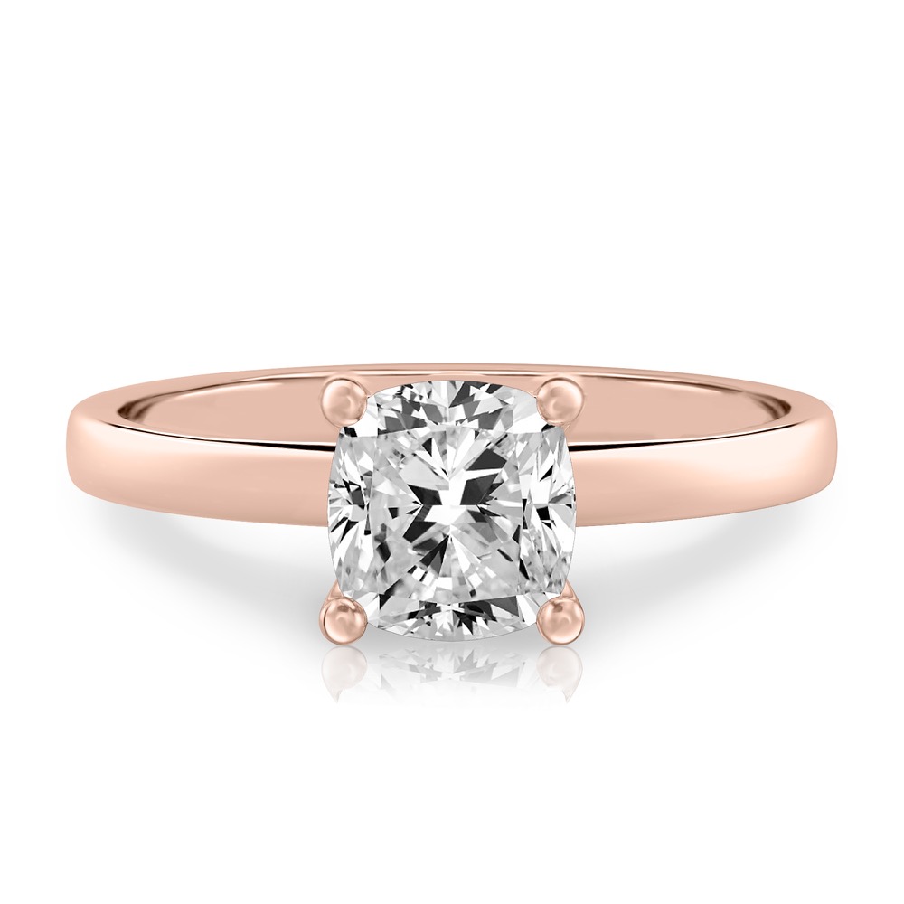 cushion cut diamond basket setting engagement ring rose gold