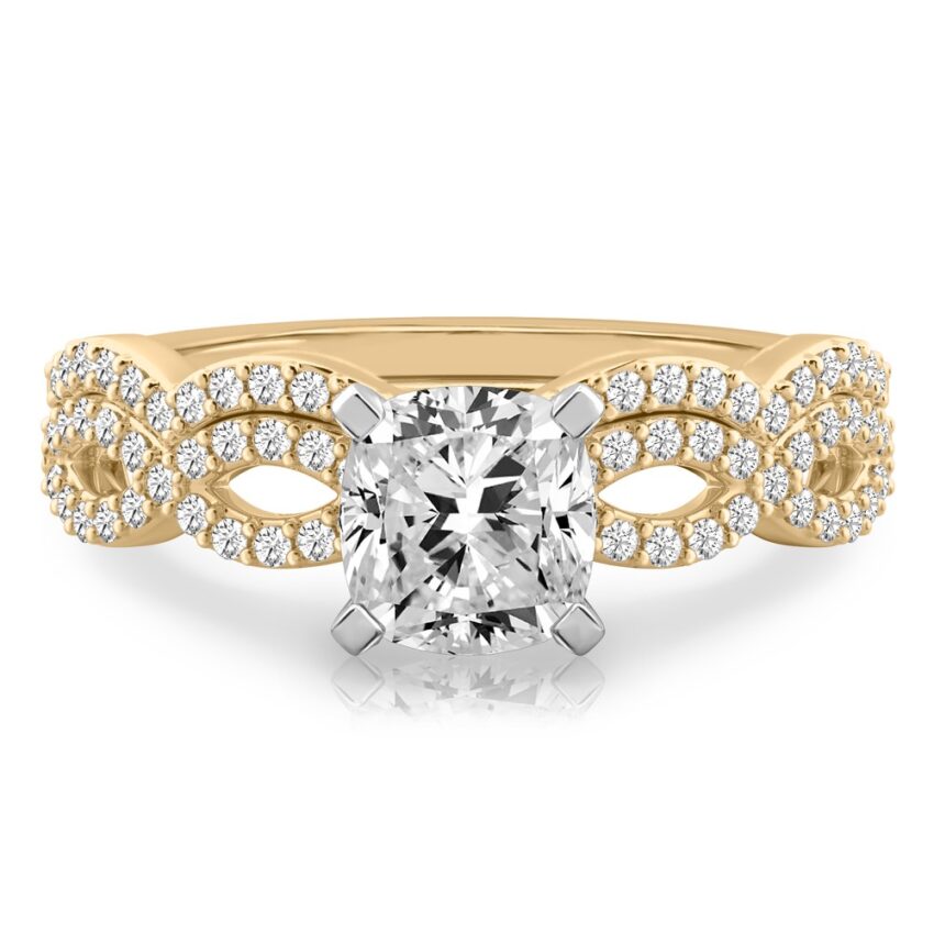 cushion cut diamond infinity engagement ring set yellow gold