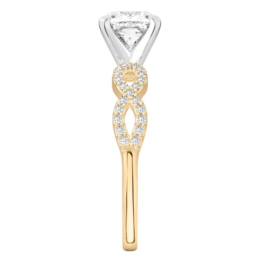 cushion cut diamond infinity engagement ring yellow gold Side