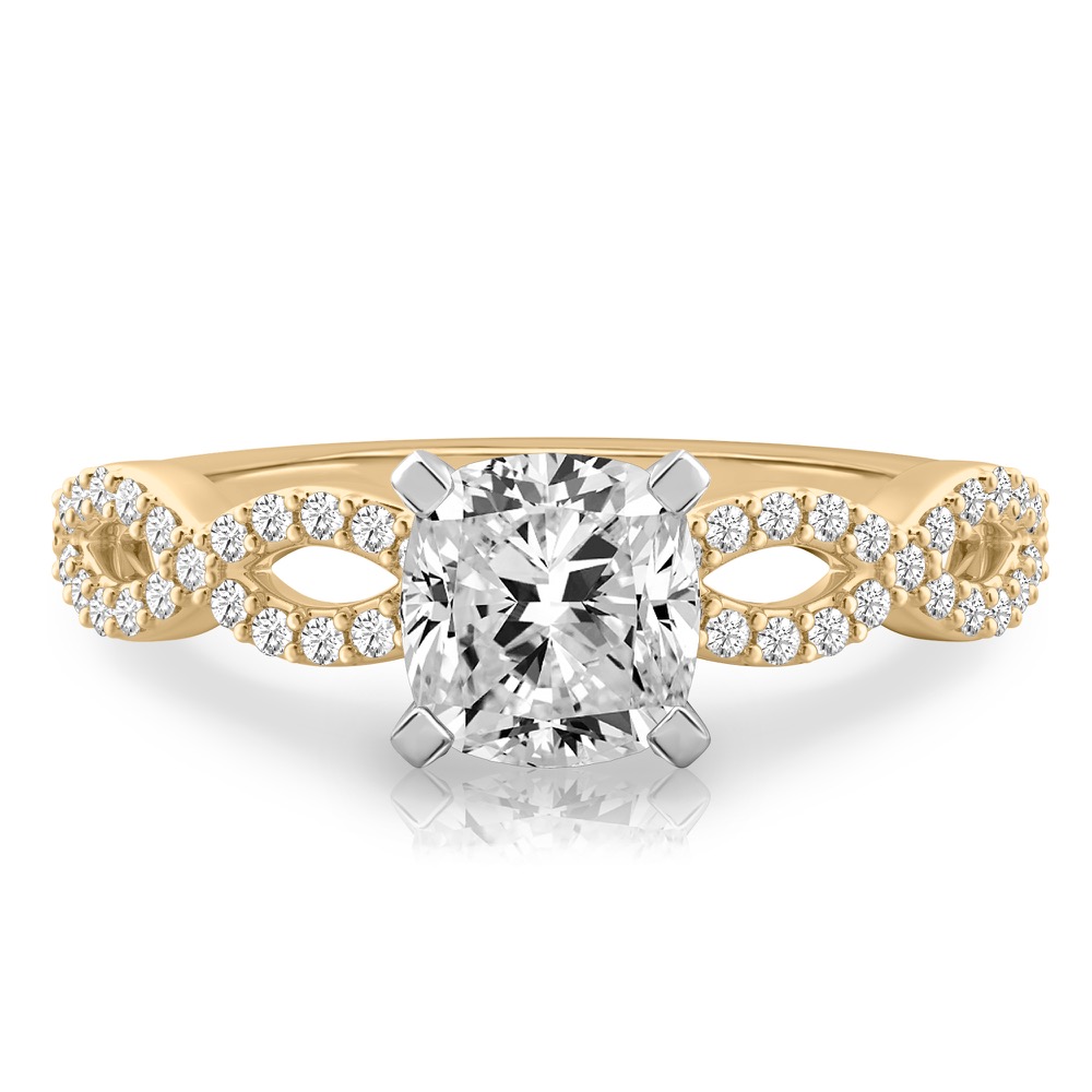 cushion cut diamond infinity engagement ring yellow gold