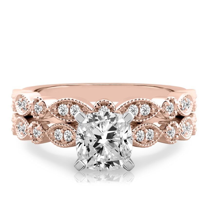 cushion cut diamond pandora engagement ring set rose gold
