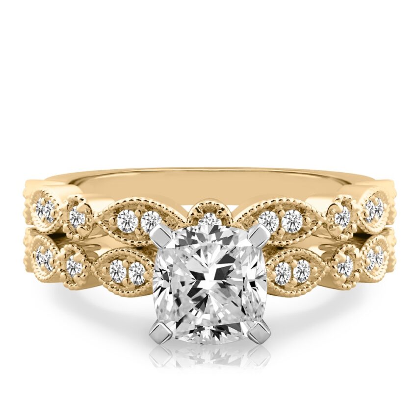 cushion cut diamond pandora engagement ring set yellow gold