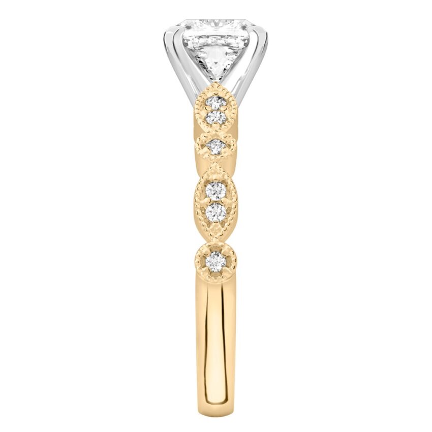 cushion cut diamond pandora engagement ring yellow gold side