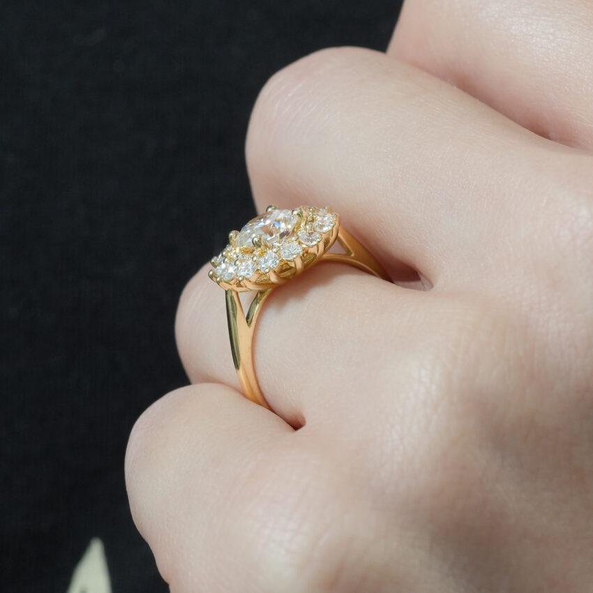 Angle view of double halo engagement ring in lifestyle