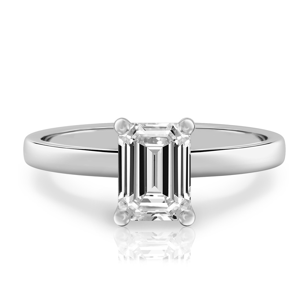 emerald cut diamond basket setting engagement ring platinum