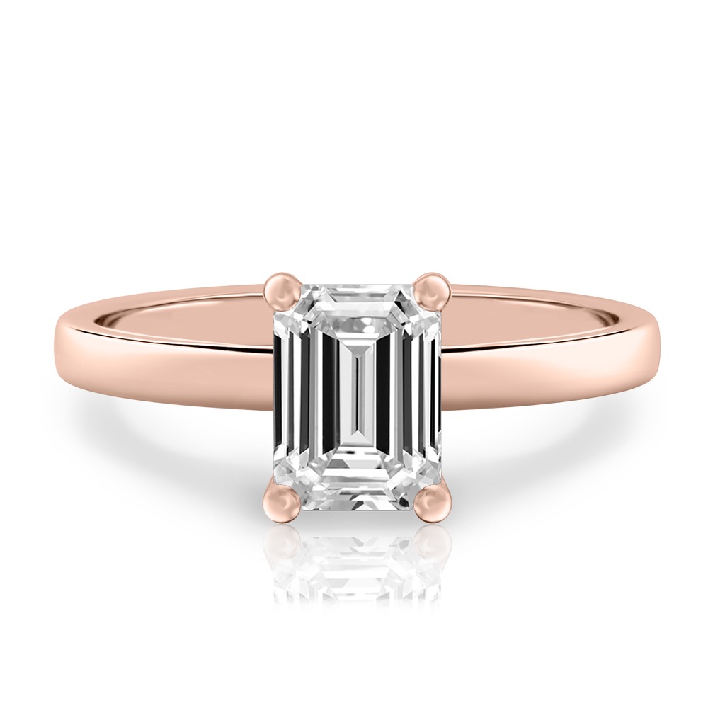 emerald cut diamond basket setting engagement ring rose gold