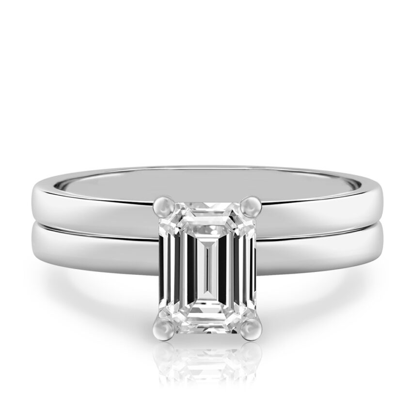 emerald cut diamond basket setting engagement ring set platinum