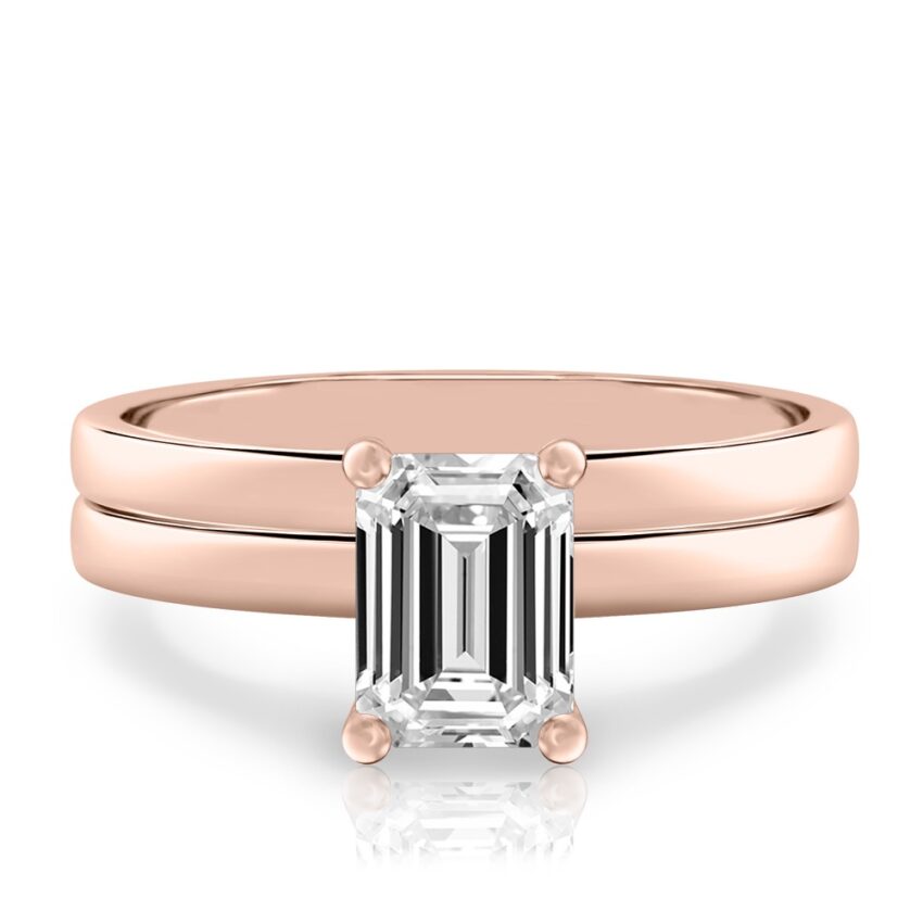 emerald cut diamond basket setting engagement ring set rose gold