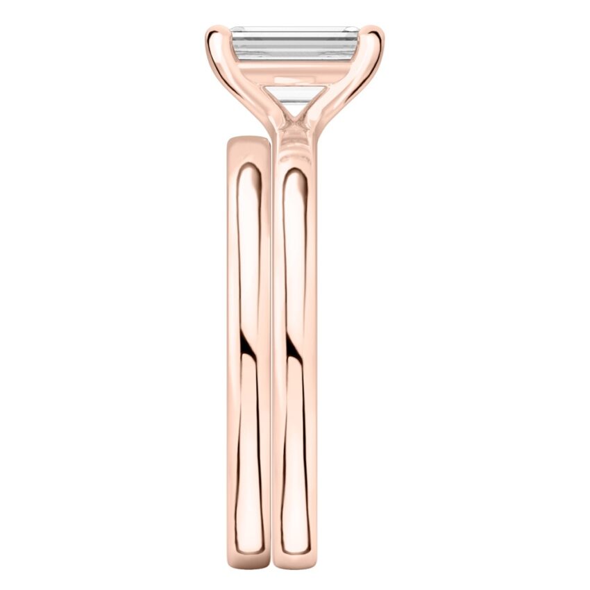 emerald cut diamond basket setting engagement ring set rose gold side