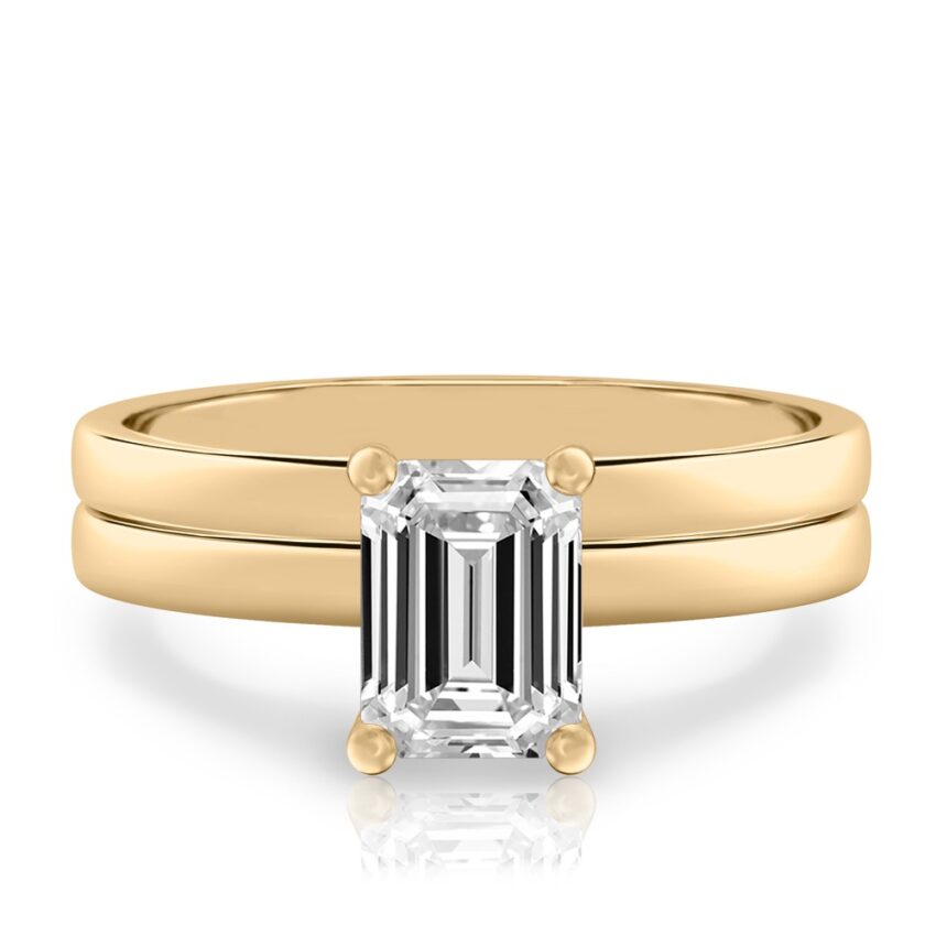 emerald cut diamond basket setting engagement ring set yellow gold