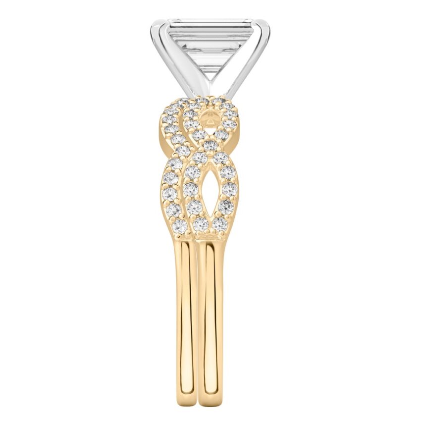 emerald cut diamond infinity engagement ring set yellow gold Side