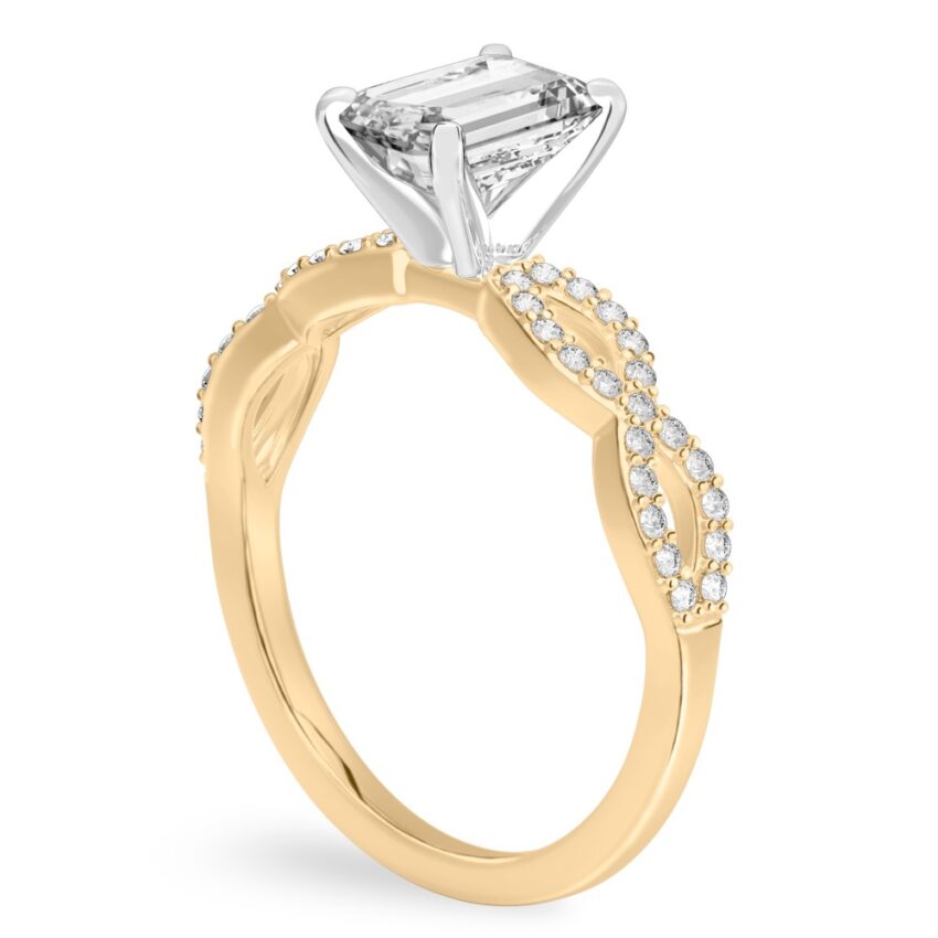 emerald cut diamond infinity engagement ring yellow gold angle