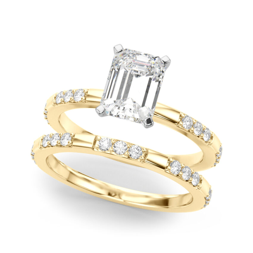 emerald cut diamond modern pave engagement ring set yellow gold