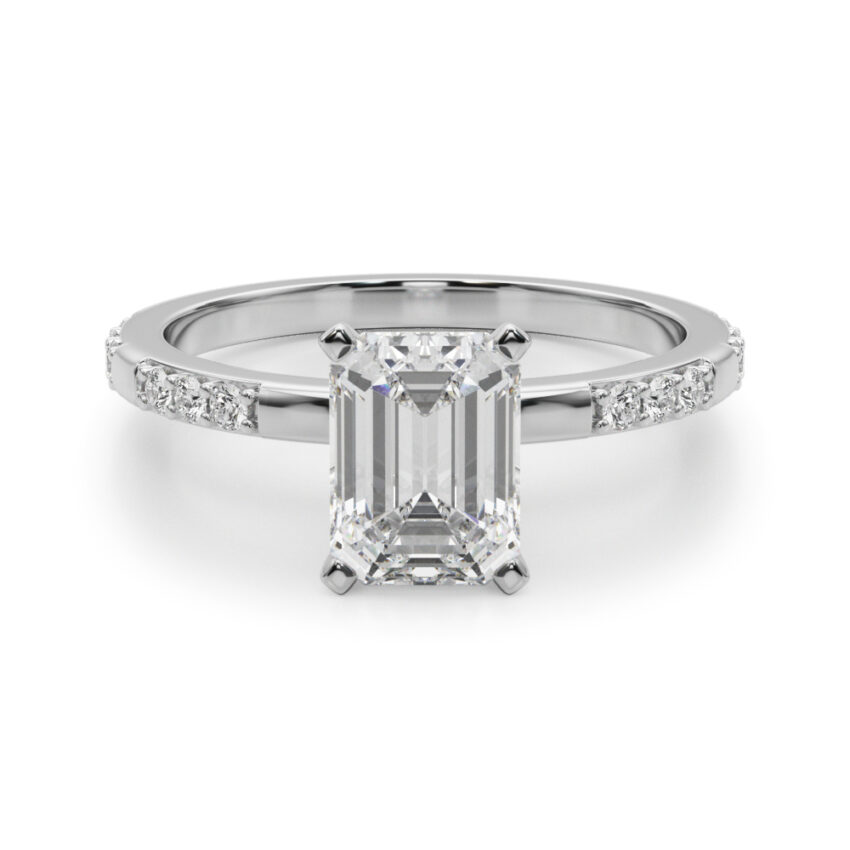 emerald cut diamond modern pave engagement ring white gold