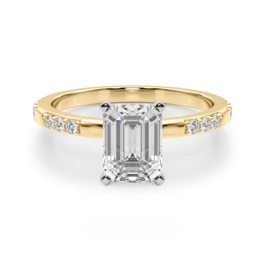 emerald cut diamond modern pave engagement ring yellow gold