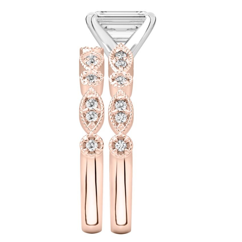 emerald cut diamond pandora engagement ring set rose gold side