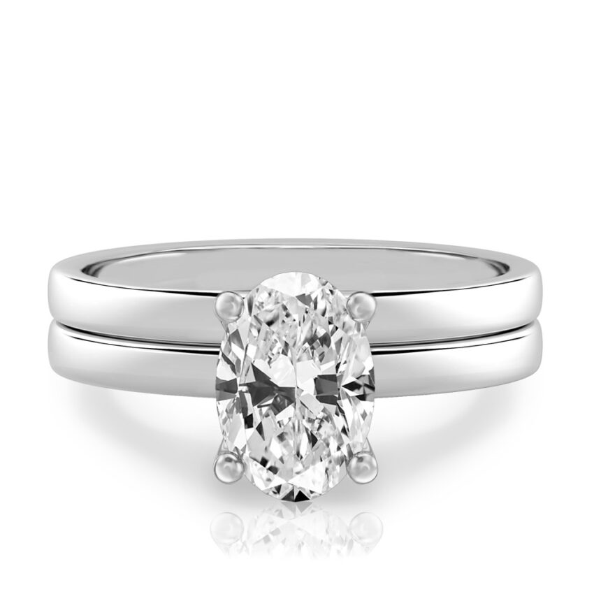 oval shape diamond basket setting engagement ring set white gold