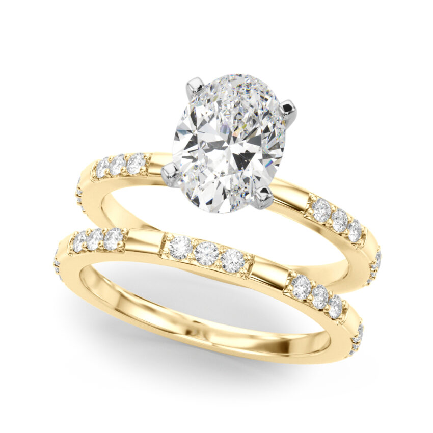 oval shape diamond modern pave engagement ring set yellow gold