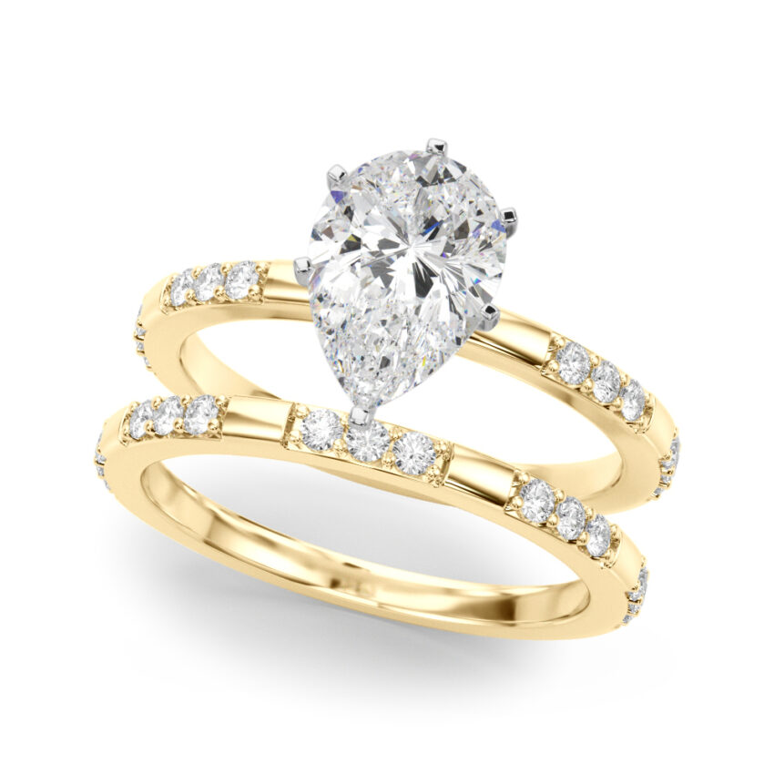 pear shape diamond modern pave engagement ring set yellow gold