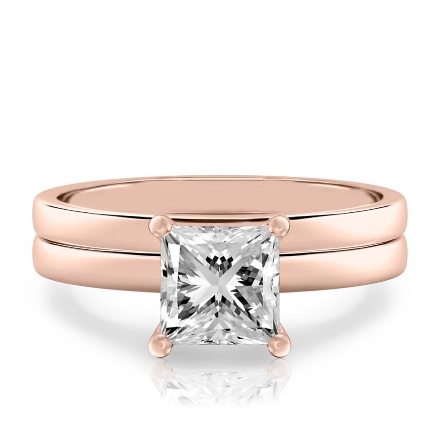 princess cut diamond basket setting engagement ring set rose gold
