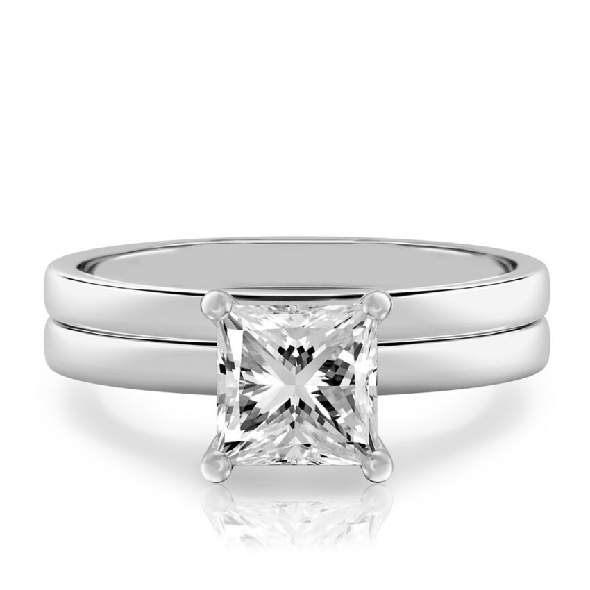 princess cut diamond basket setting engagement ring set white gold