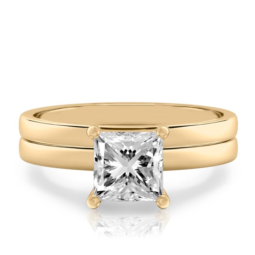 princess cut diamond basket setting engagement ring set yellow gold