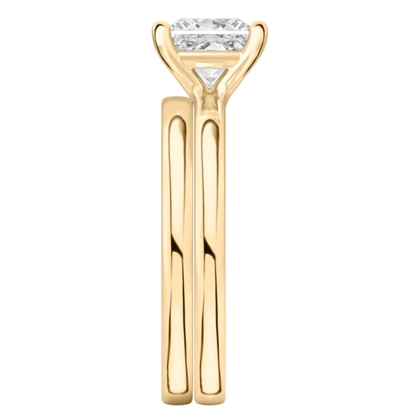 princess cut diamond basket setting engagement ring set yellow gold side