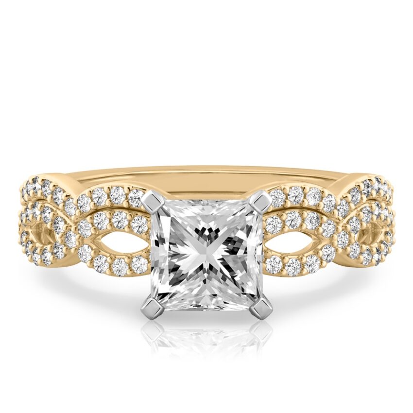 princess cut diamond infinity engagement ring set yellow gold