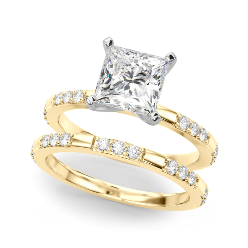 princess cut diamond modern pave engagement ring set yellow gold