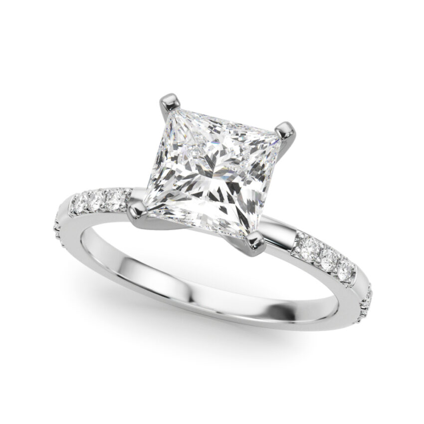 princess cut diamond modern pave engagement ring white gold angle