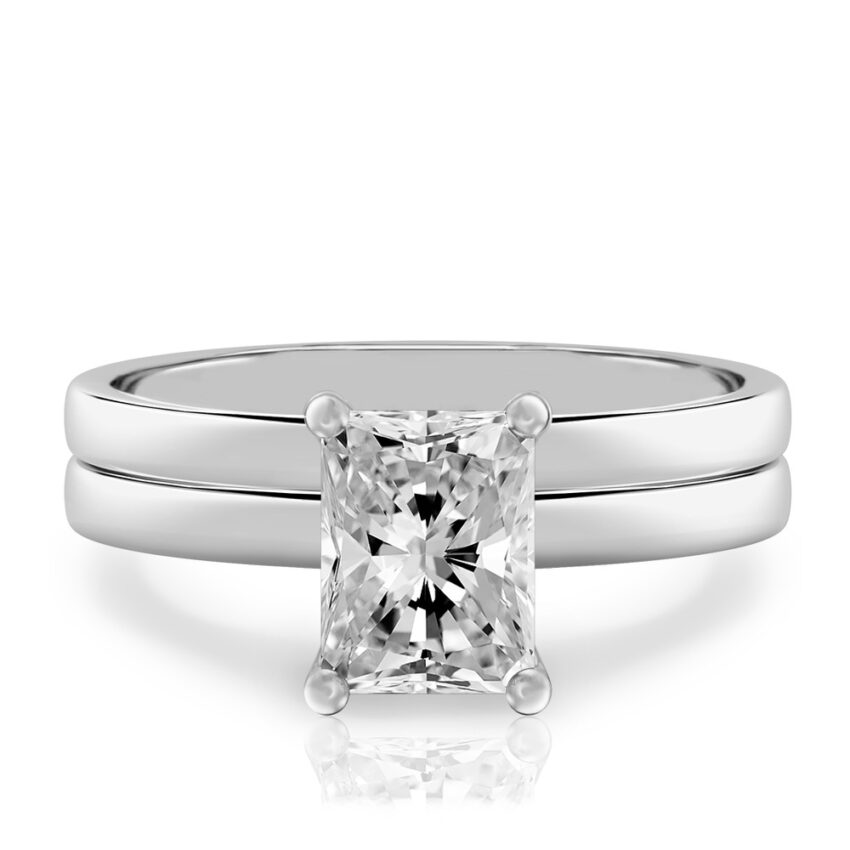 radiant cut diamond basket setting engagement ring set platinum