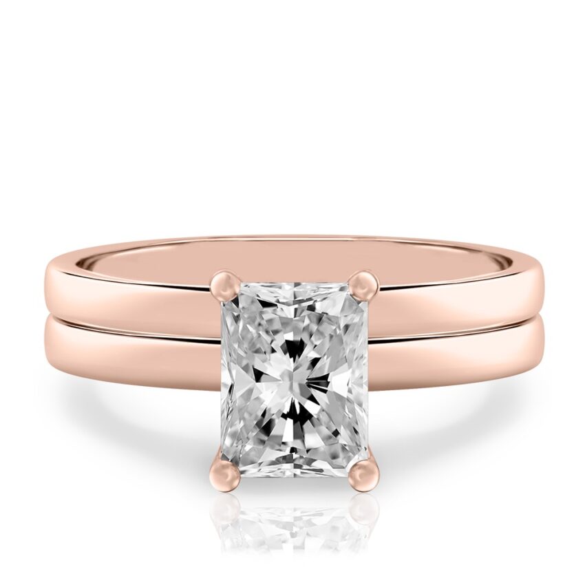 radiant cut diamond basket setting engagement ring set rose gold
