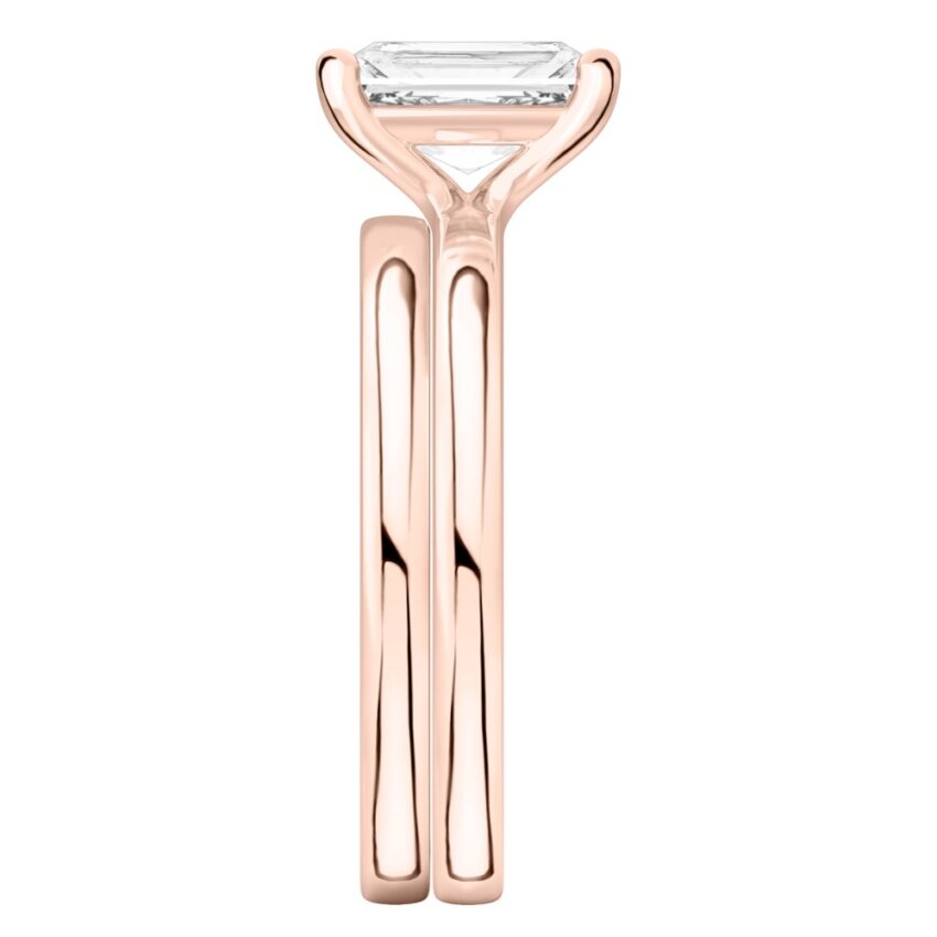 radiant cut diamond basket setting engagement ring set rose gold side