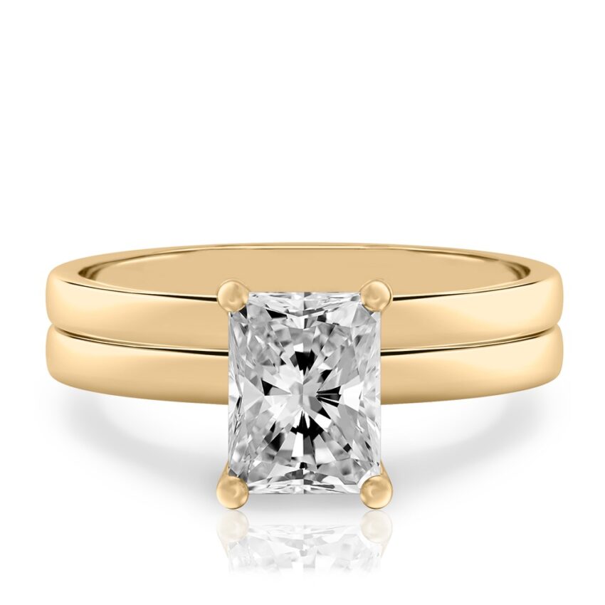 radiant cut diamond basket setting engagement ring set yellow gold