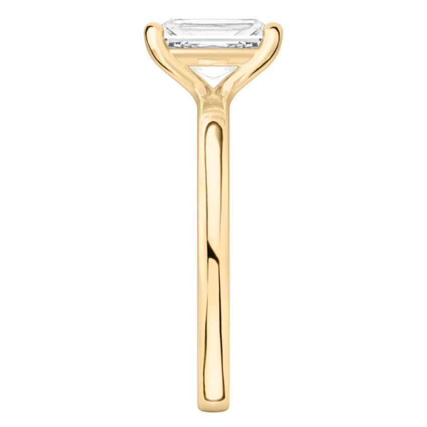 radiant cut diamond basket setting engagement ring yellow gold side