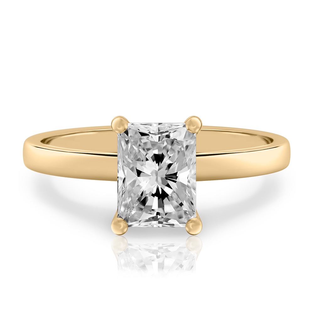 radiant cut diamond basket setting engagement ring yellow gold