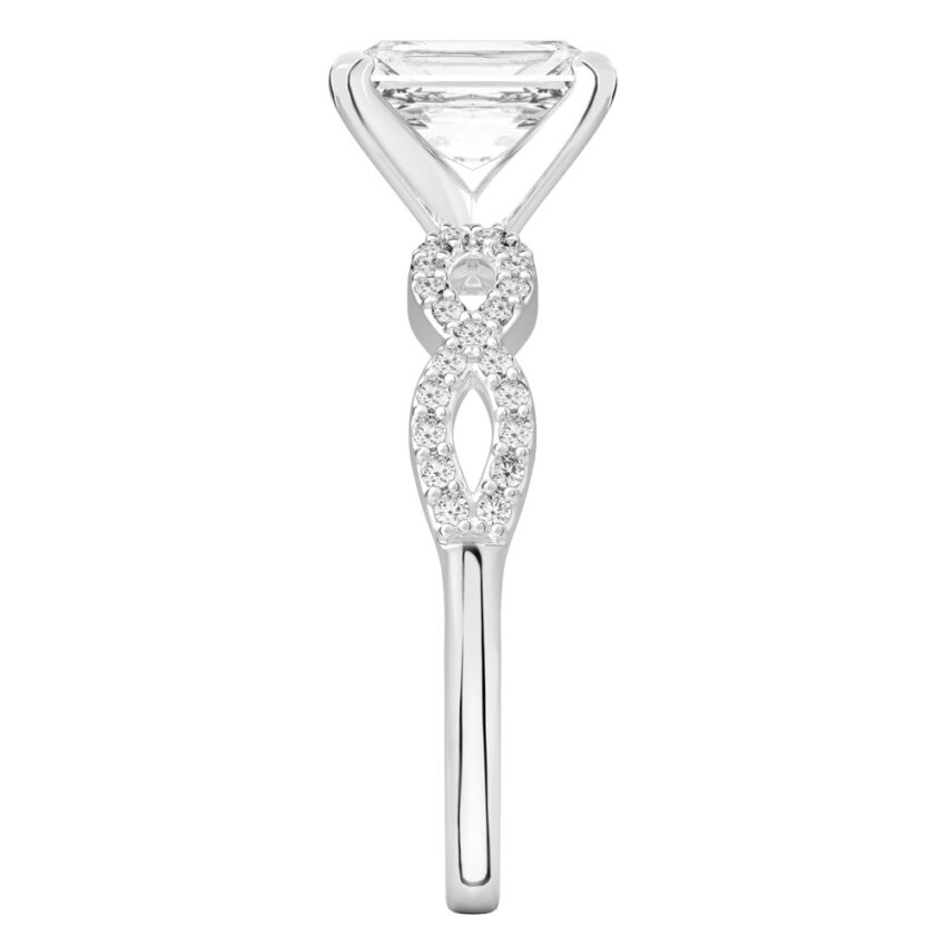 radiant cut diamond infinity engagement ring platinum side